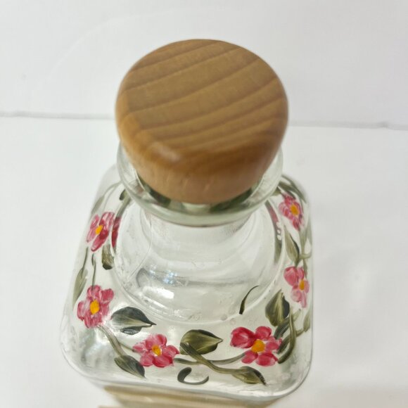 Floral Clear Glass Apothecary Bottle Hand painted Pink Flowers & Green Leaves - Picture 12 of 12